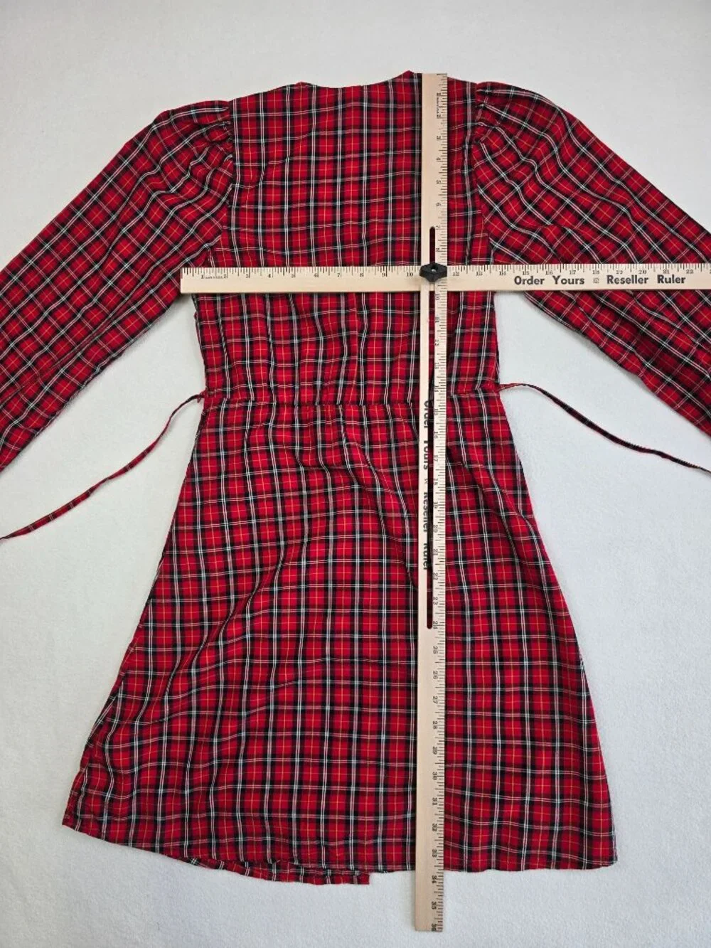 Old Navy XS Plaid Wrap Dress Red Black Tartan Check Puff Sleeve Christmas - Picture 4 of 4